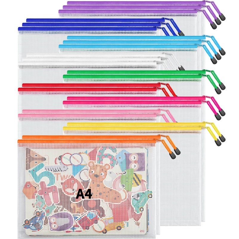 JARLINK 24 Pack 10 Colors Zipper Mesh Document Pouch, A4 Letter Size Mesh Bags for Board Games & Puzzles, Waterproof Document Zipper Pouches for Office School Supplies, Toys, Cosmetics Travel Storage - Image 1